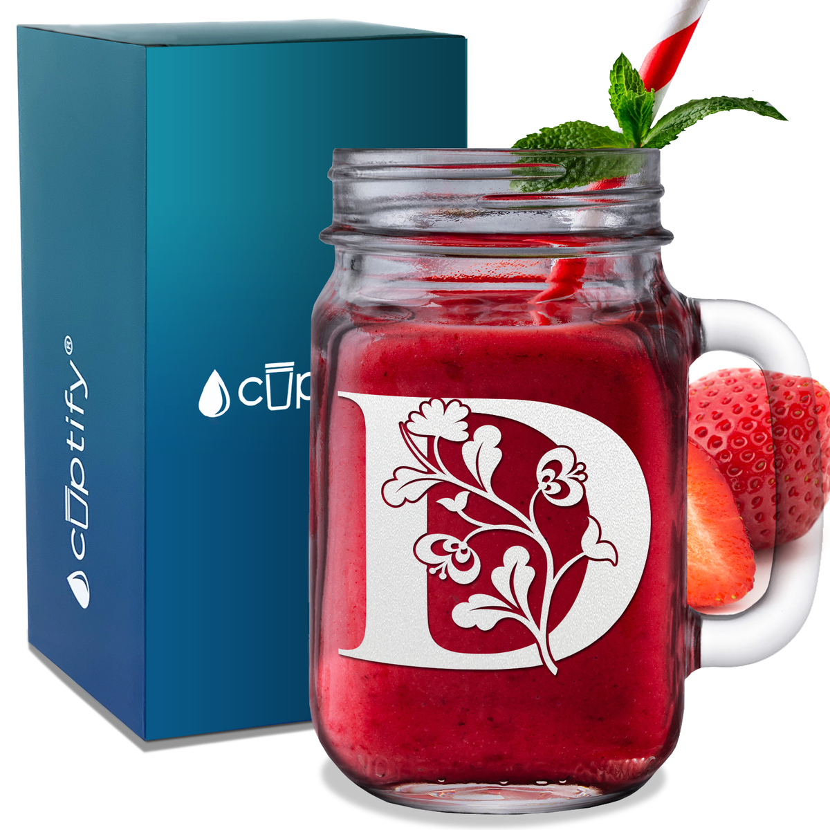  Monogram Blooming Floral Initial Letter D Etched on 16 oz Mason Jar Glass