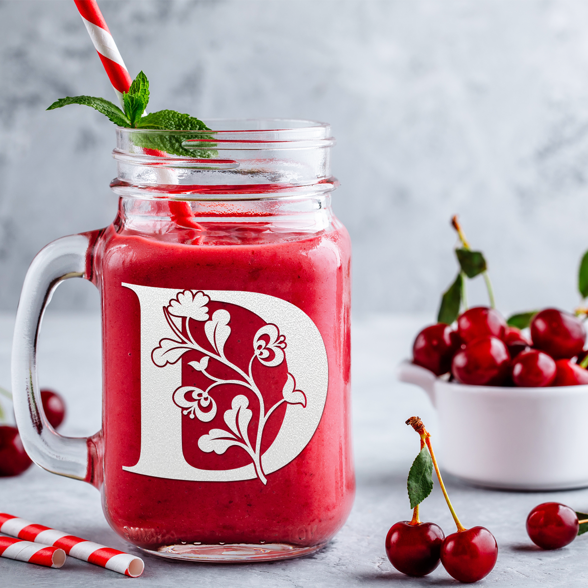  Monogram Blooming Floral Initial Letter D Etched on 16 oz Mason Jar Glass