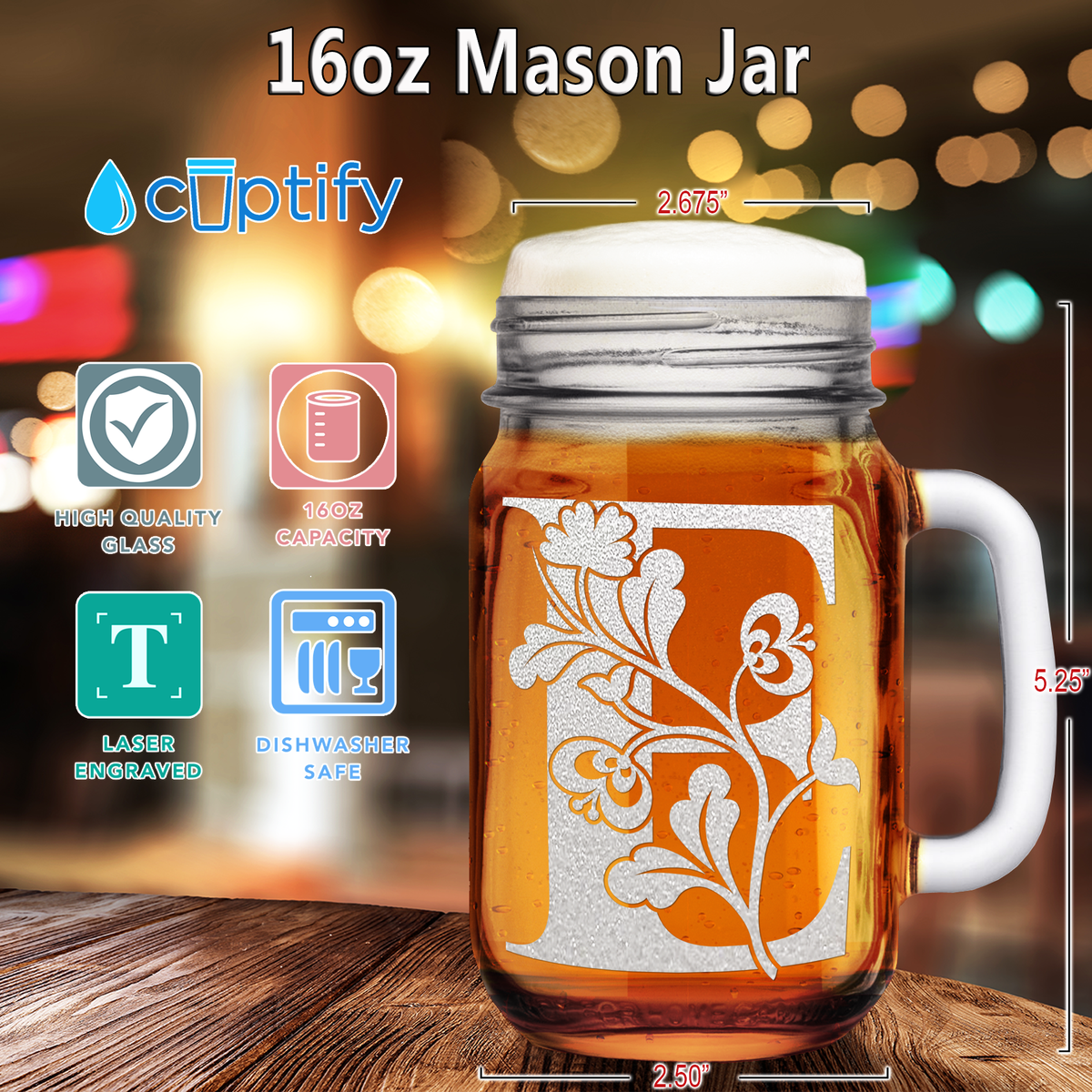  Monogram Blooming Floral Initial Letter E Etched on 16 oz Mason Jar Glass