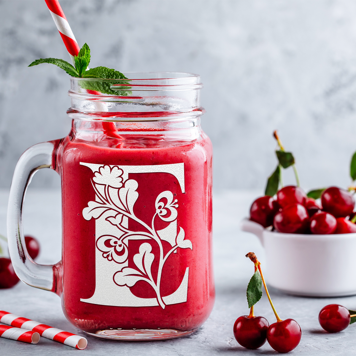  Monogram Blooming Floral Initial Letter E Etched on 16 oz Mason Jar Glass