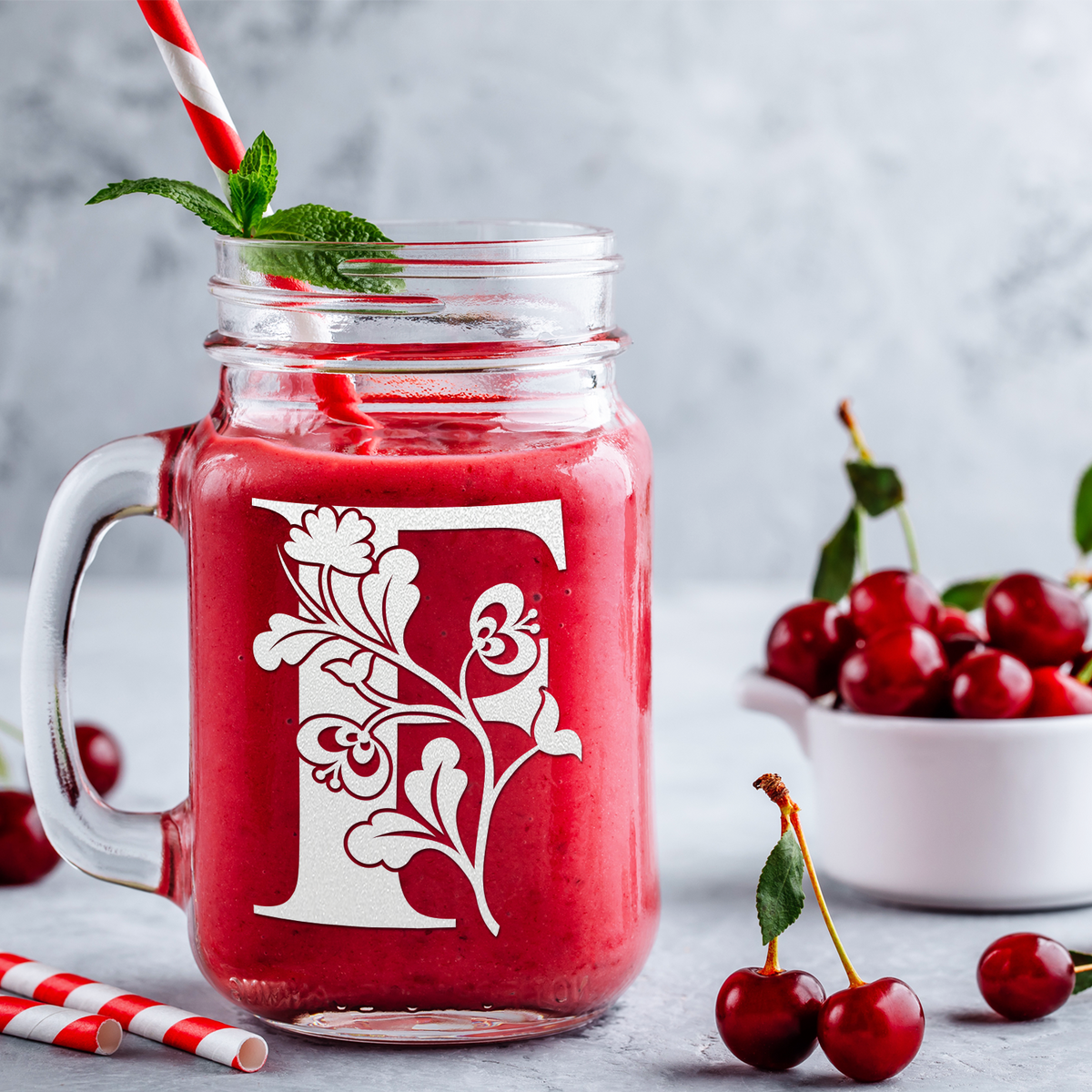  Monogram Blooming Floral Initial Letter F Etched on 16 oz Mason Jar Glass