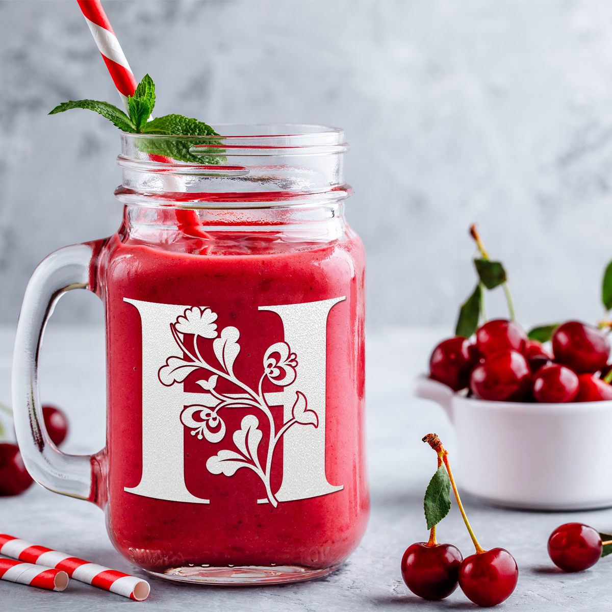  Monogram Blooming Floral Initial Letter H Etched on 16 oz Mason Jar Glass