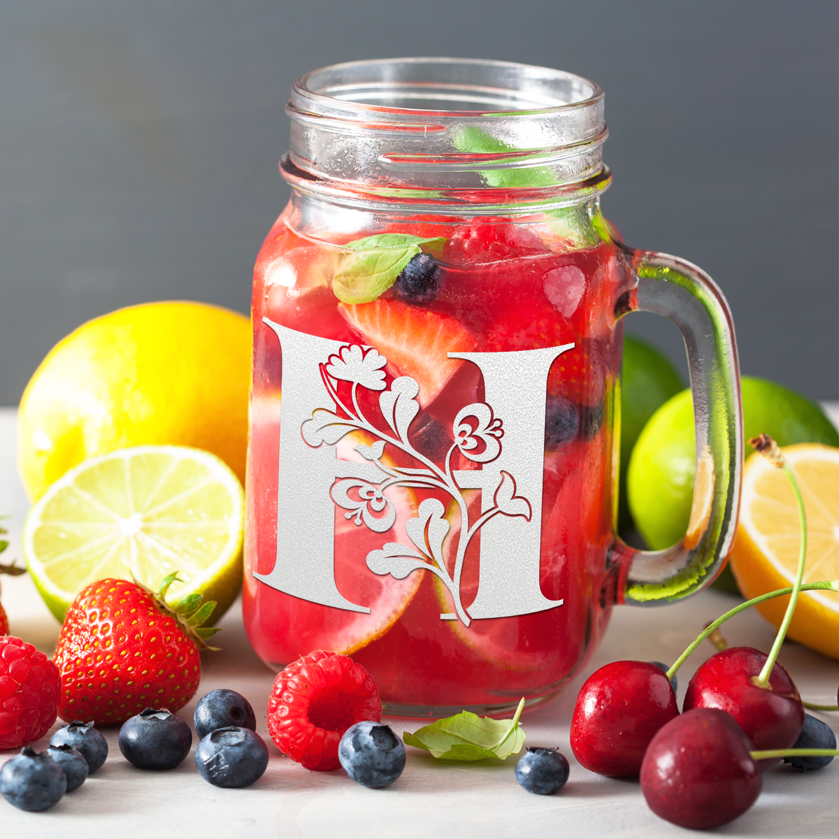  Monogram Blooming Floral Initial Letter H Etched on 16 oz Mason Jar Glass