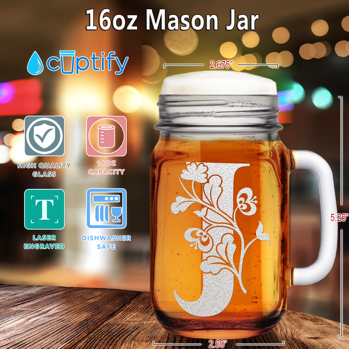  Monogram Blooming Floral Initial Letter J Etched on 16 oz Mason Jar Glass