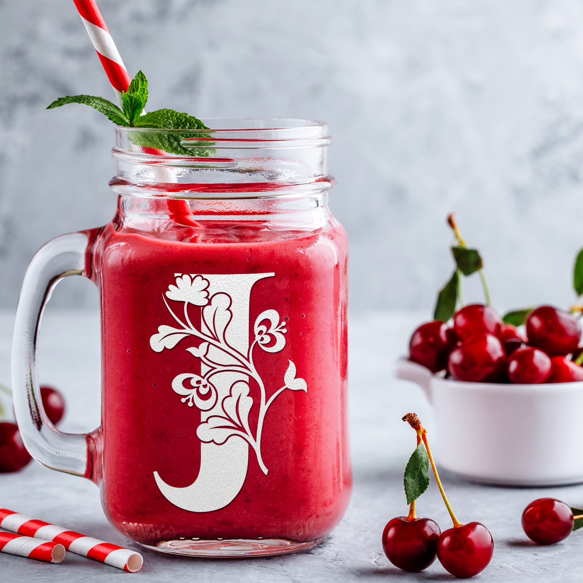  Monogram Blooming Floral Initial Letter J Etched on 16 oz Mason Jar Glass