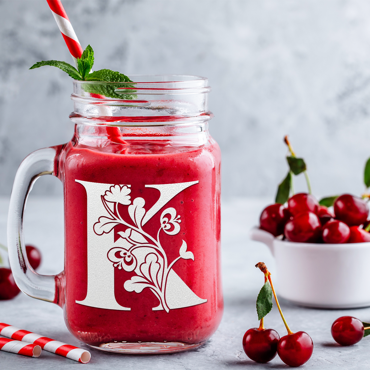  Monogram Blooming Floral Initial Letter K Etched on 16 oz Mason Jar Glass