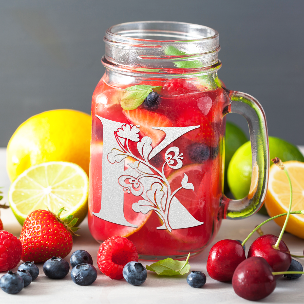  Monogram Blooming Floral Initial Letter K Etched on 16 oz Mason Jar Glass