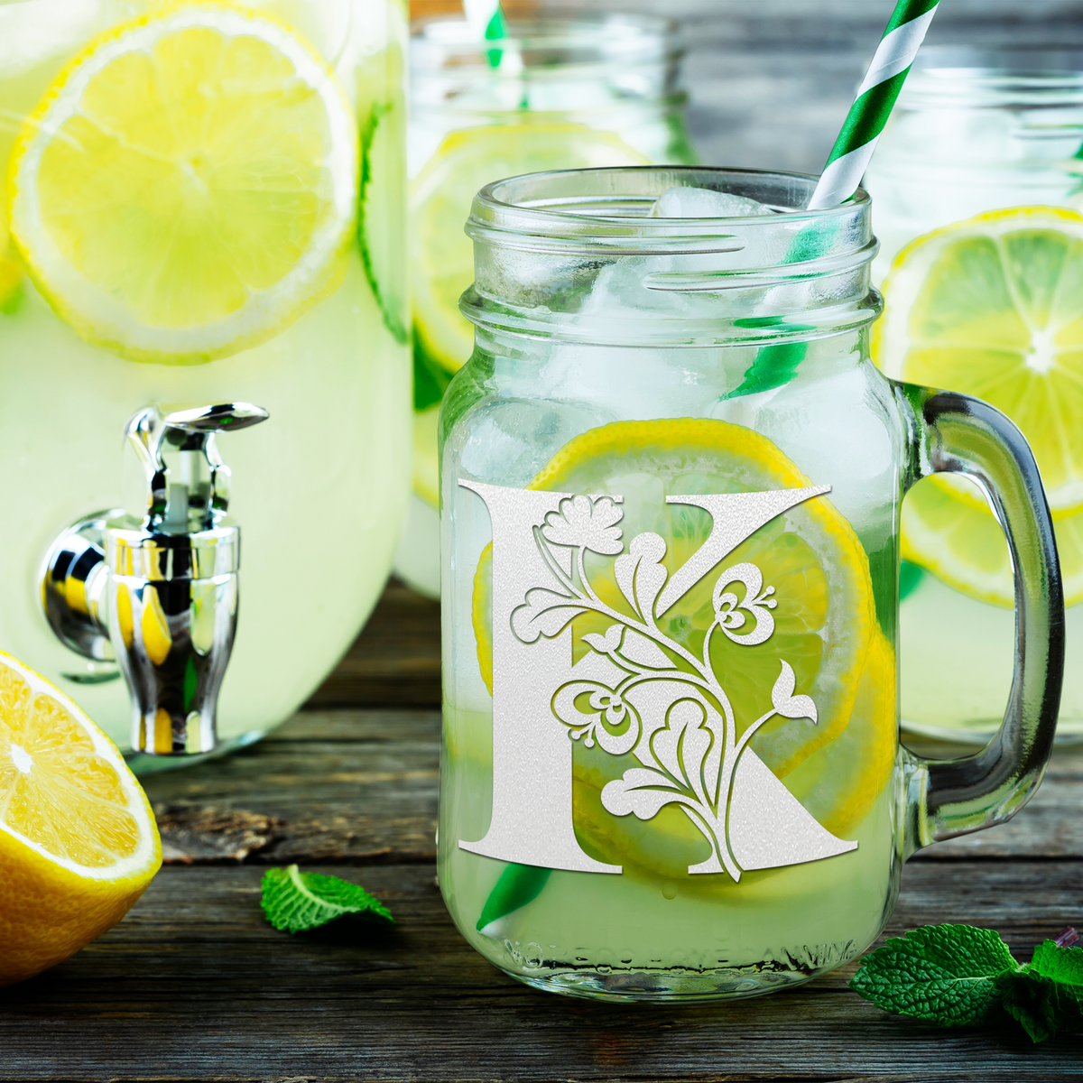  Monogram Blooming Floral Initial Letter K Etched on 16 oz Mason Jar Glass