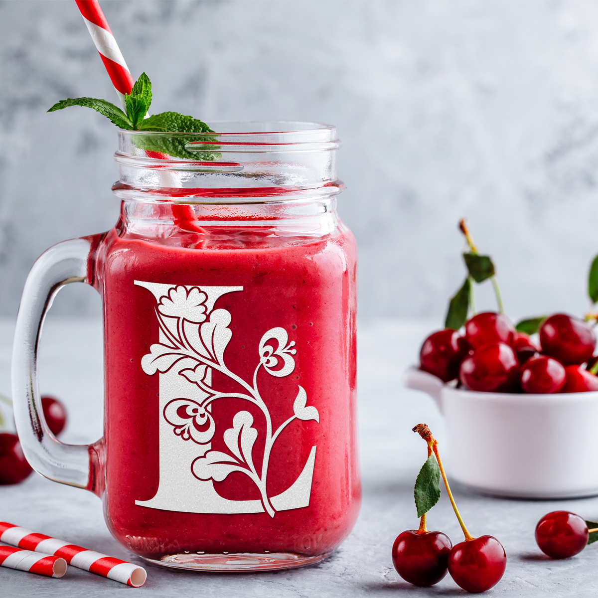  Monogram Blooming Floral Initial Letter L Etched on 16 oz Mason Jar Glass