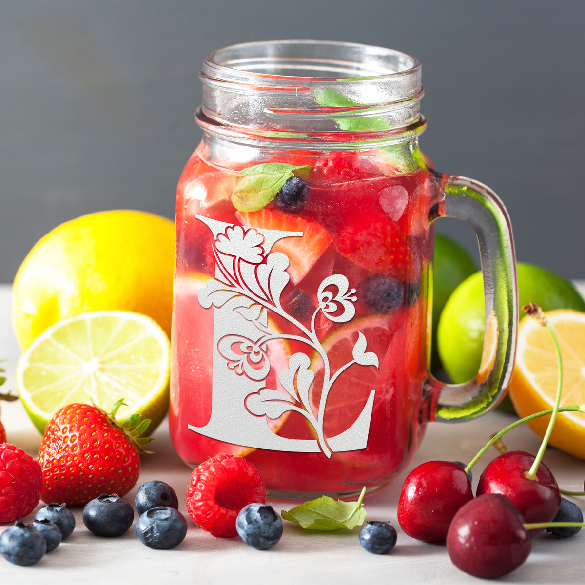  Monogram Blooming Floral Initial Letter L Etched on 16 oz Mason Jar Glass