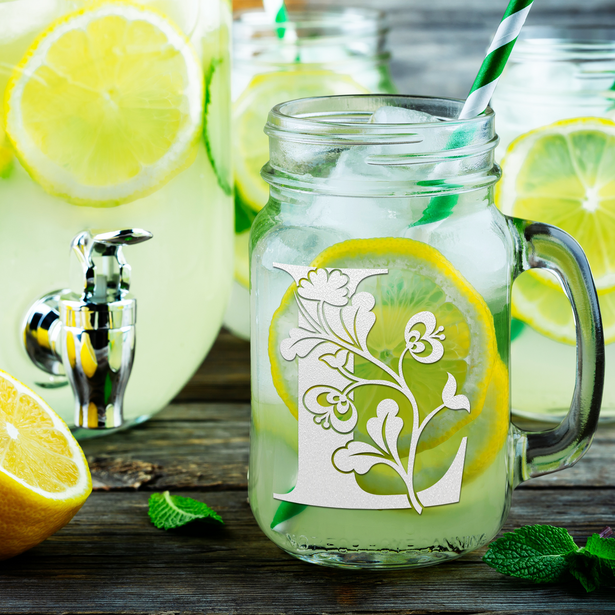  Monogram Blooming Floral Initial Letter L Etched on 16 oz Mason Jar Glass