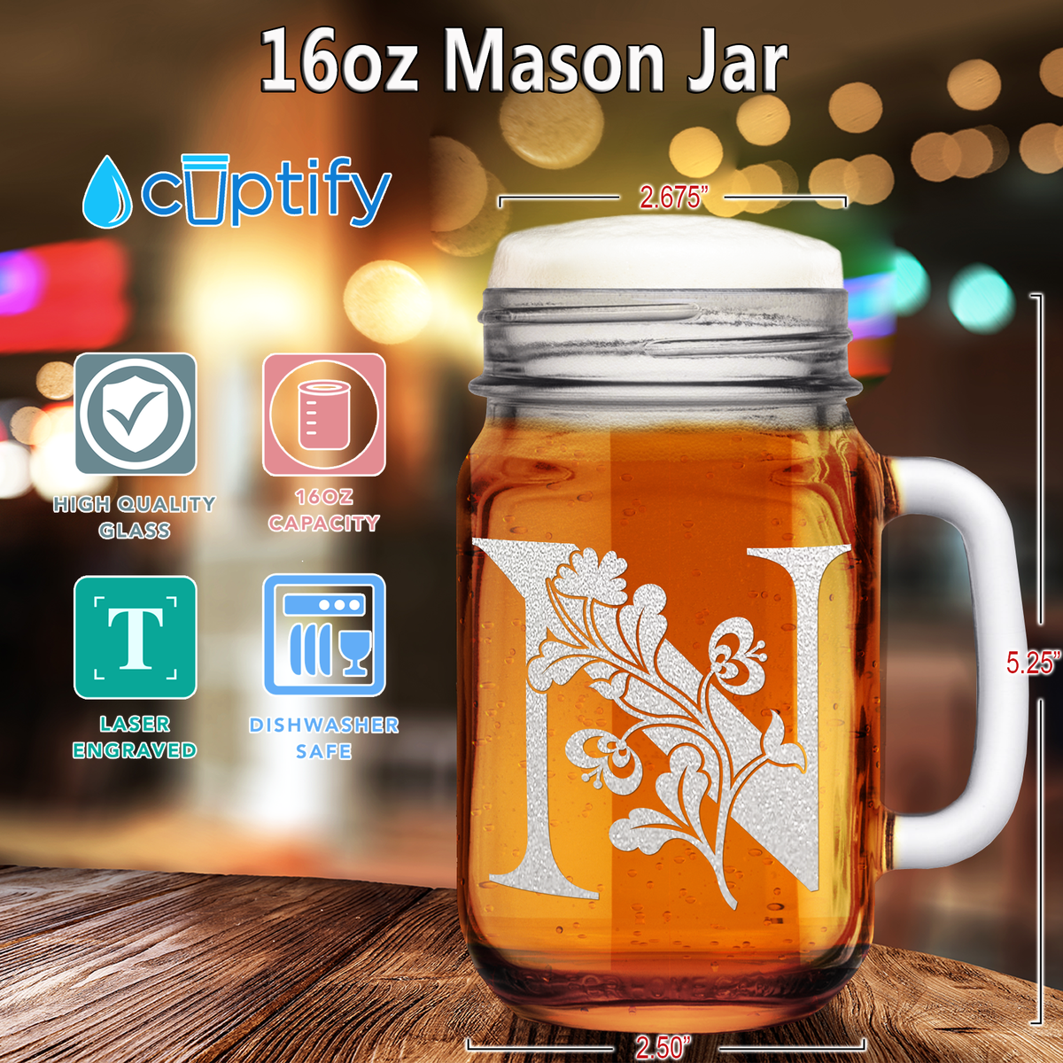  Monogram Blooming Floral Initial Letter N Etched on 16 oz Mason Jar Glass