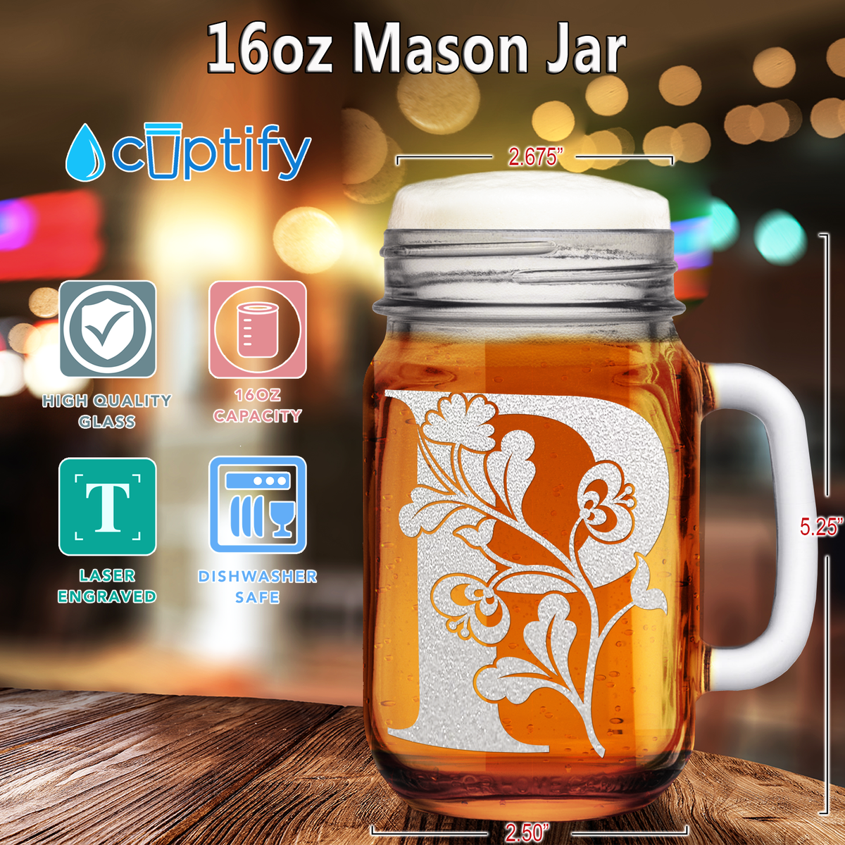  Monogram Blooming Floral Initial Letter P Etched on 16 oz Mason Jar Glass