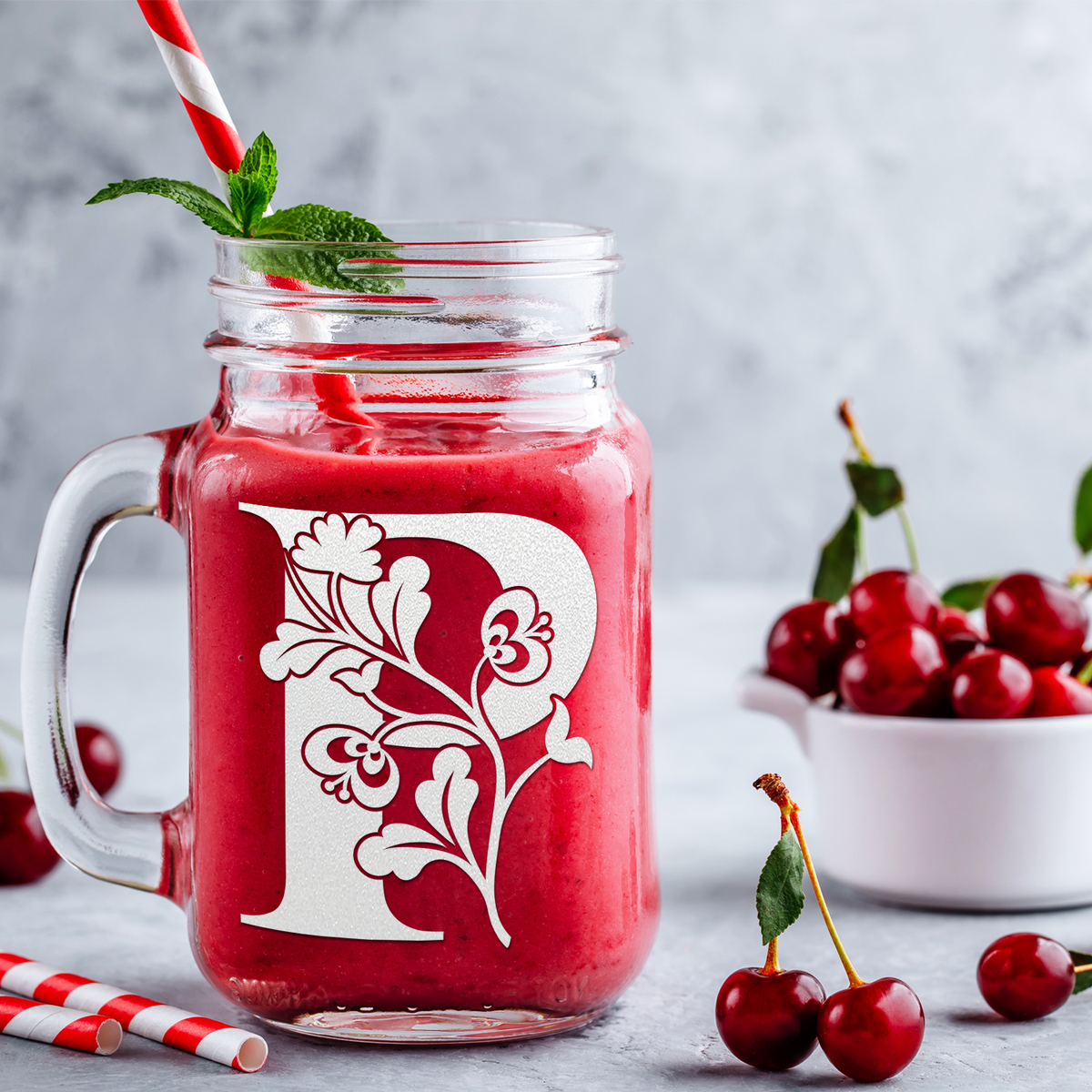  Monogram Blooming Floral Initial Letter P Etched on 16 oz Mason Jar Glass