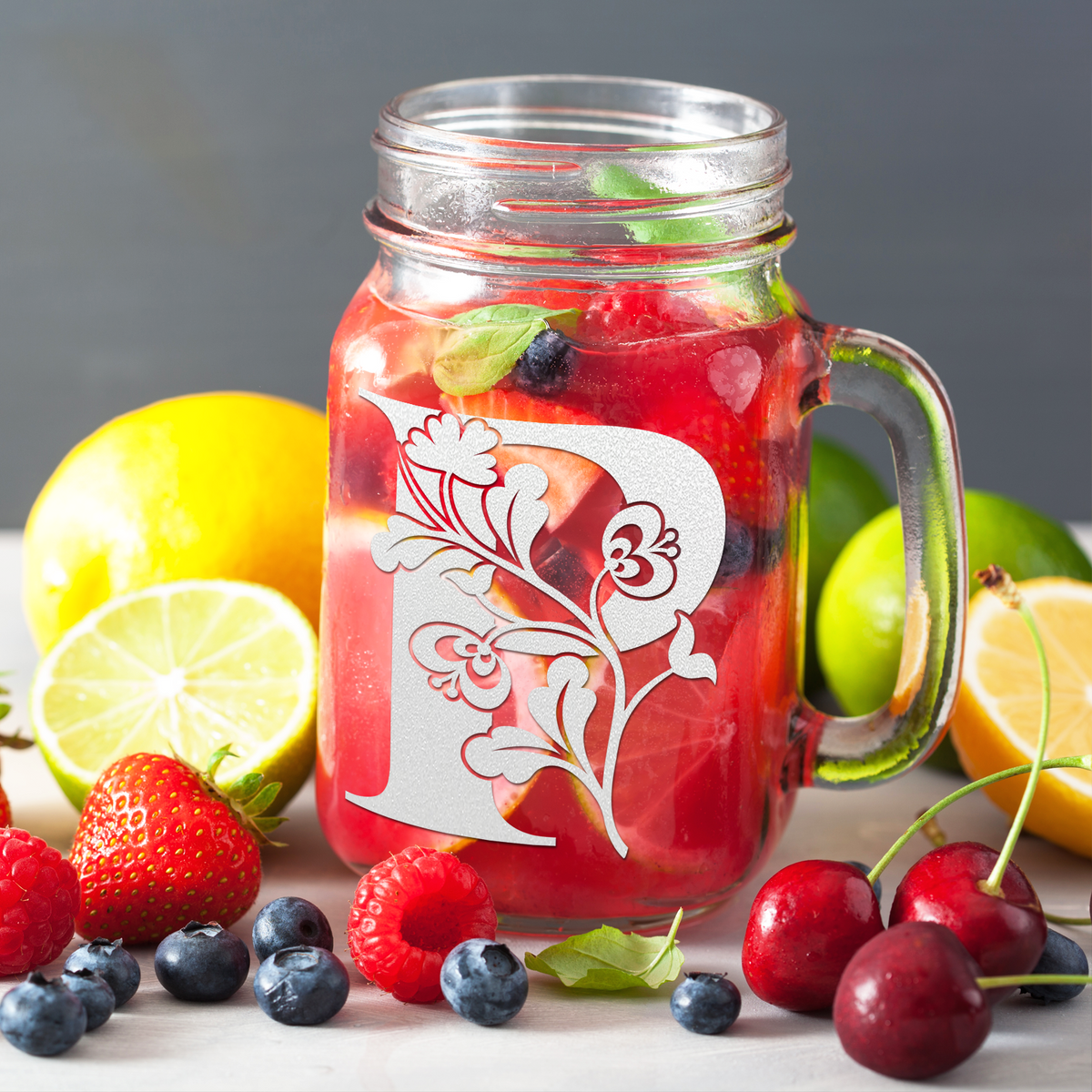  Monogram Blooming Floral Initial Letter P Etched on 16 oz Mason Jar Glass