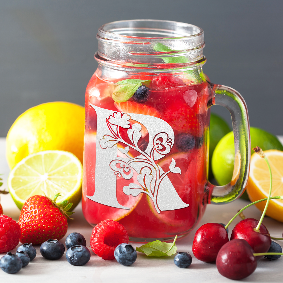  Monogram Blooming Floral Initial Letter R Etched on 16 oz Mason Jar Glass