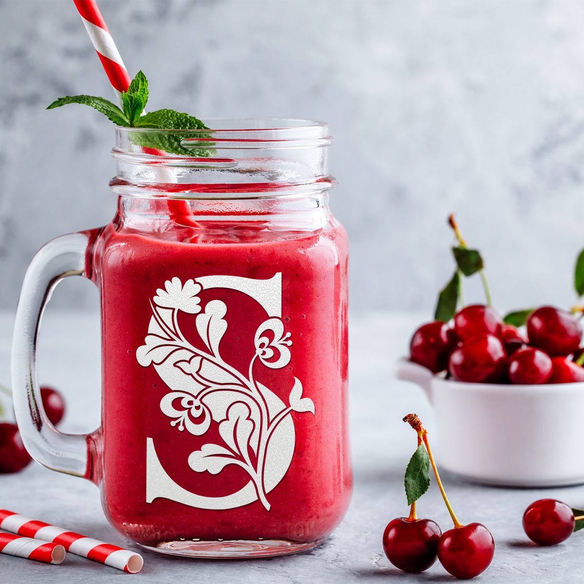  Monogram Blooming Floral Initial Letter S Etched on 16 oz Mason Jar Glass