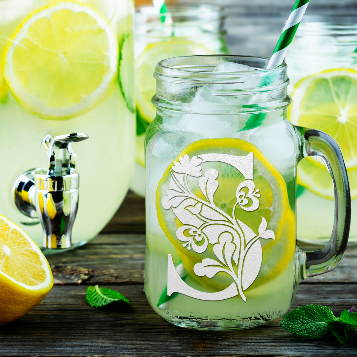  Monogram Blooming Floral Initial Letter S Etched on 16 oz Mason Jar Glass