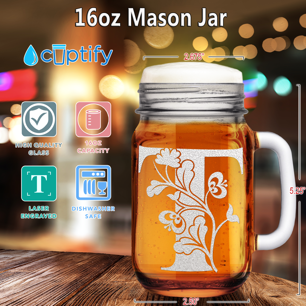  Monogram Blooming Floral Initial Letter T Etched on 16 oz Mason Jar Glass