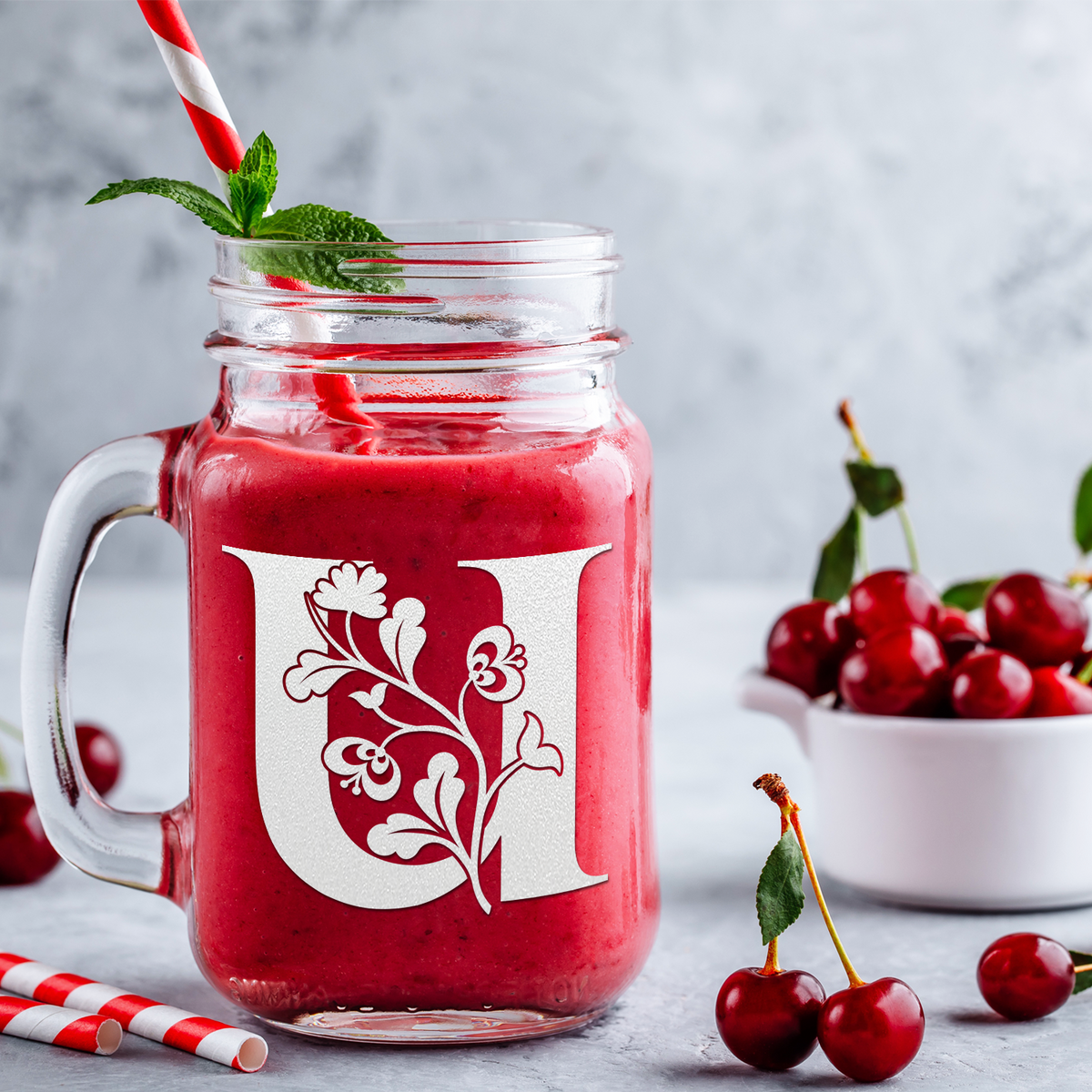  Monogram Blooming Floral Initial Letter U Etched on 16 oz Mason Jar Glass