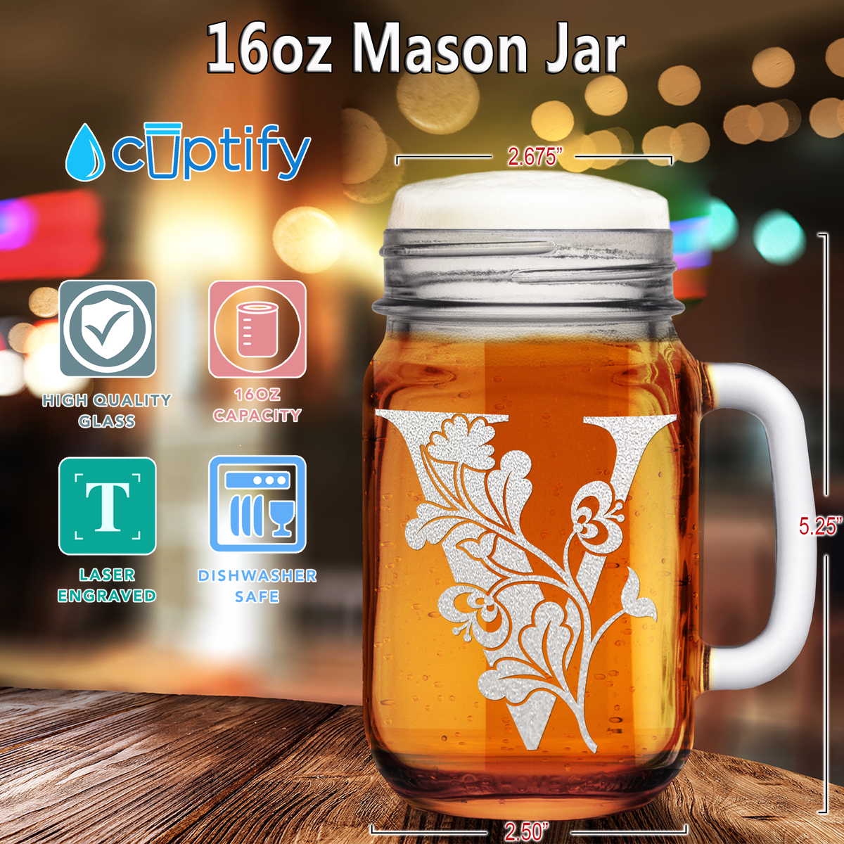  Monogram Blooming Floral Initial Letter V Etched on 16 oz Mason Jar Glass