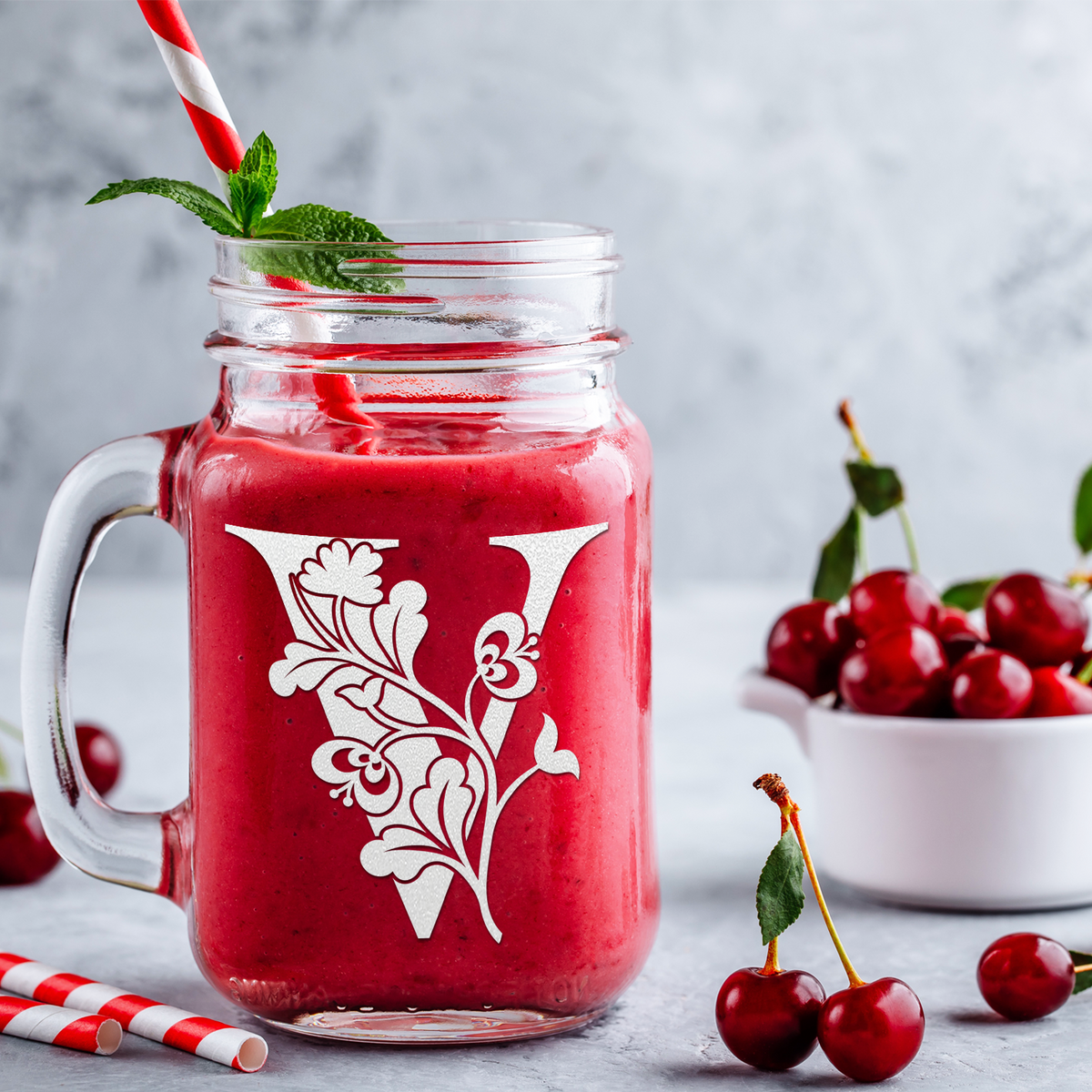  Monogram Blooming Floral Initial Letter V Etched on 16 oz Mason Jar Glass