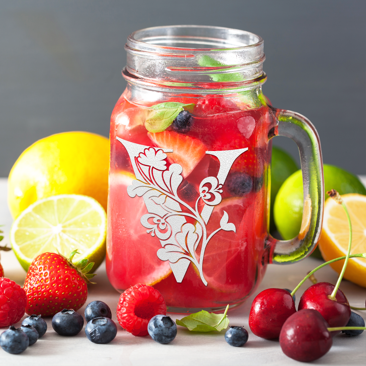  Monogram Blooming Floral Initial Letter V Etched on 16 oz Mason Jar Glass