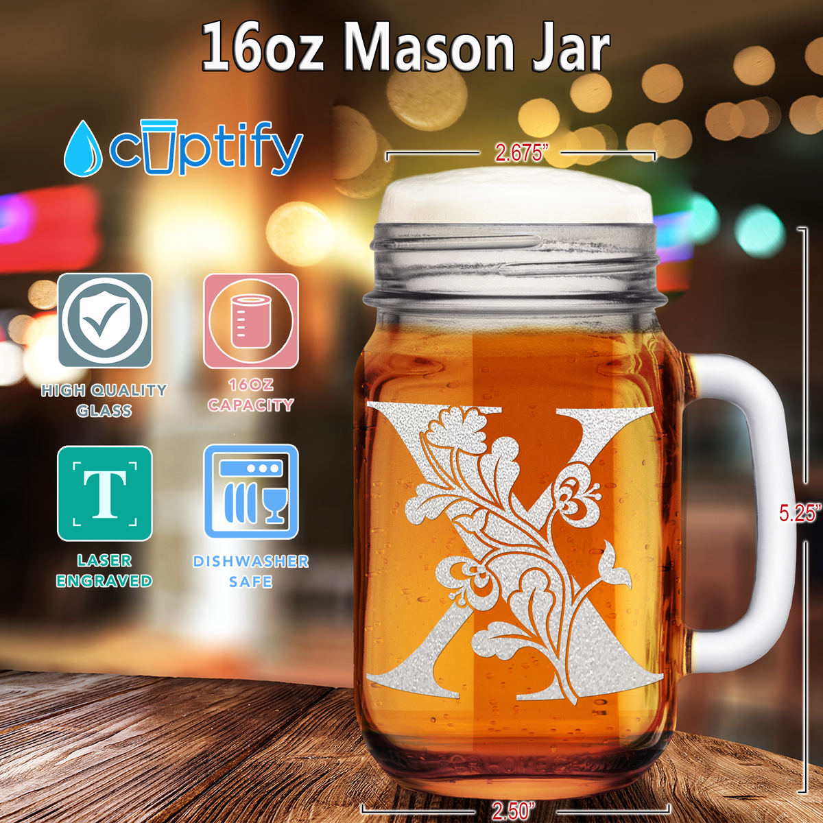  Monogram Blooming Floral Initial Letter X Etched on 16 oz Mason Jar Glass