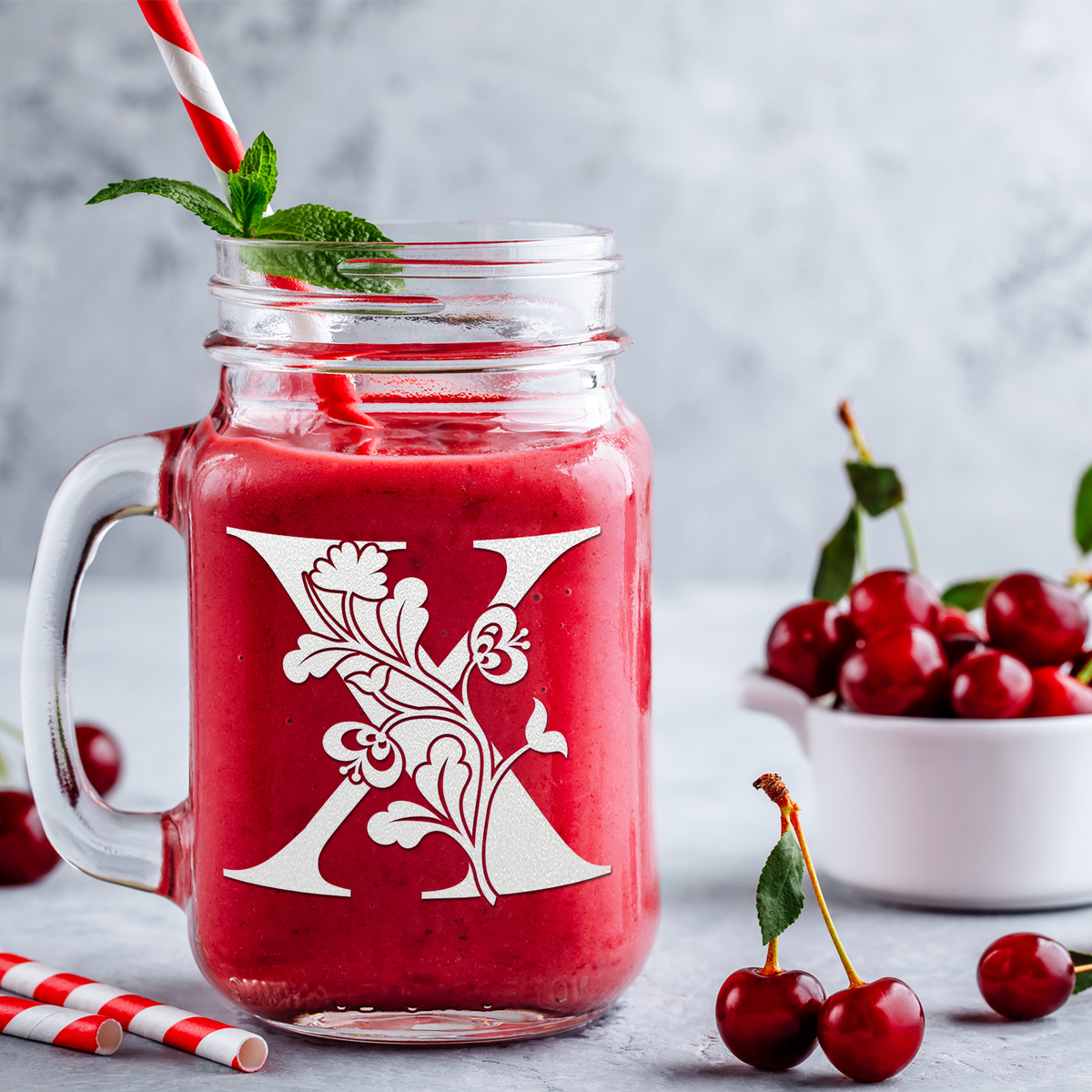  Monogram Blooming Floral Initial Letter X Etched on 16 oz Mason Jar Glass