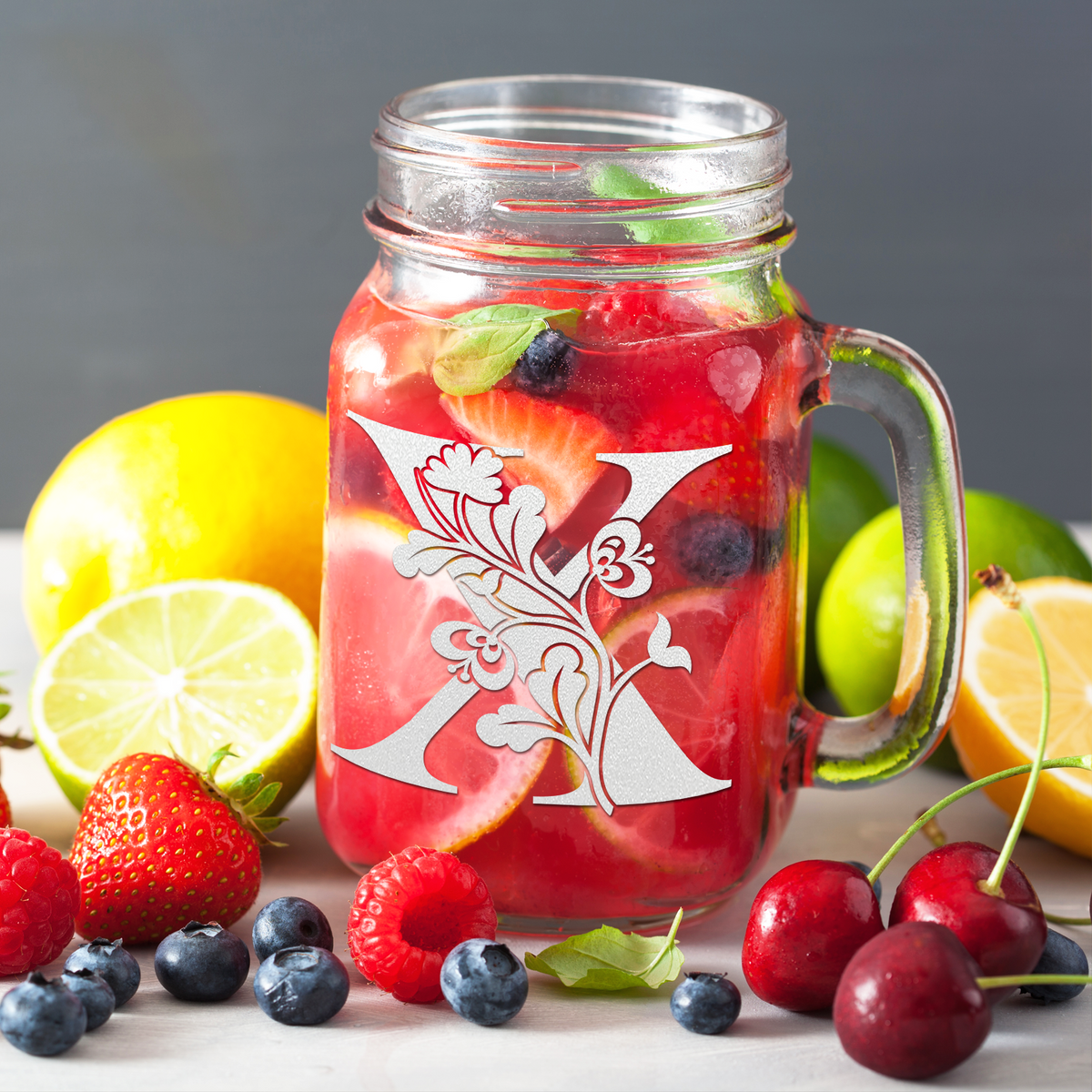  Monogram Blooming Floral Initial Letter X Etched on 16 oz Mason Jar Glass