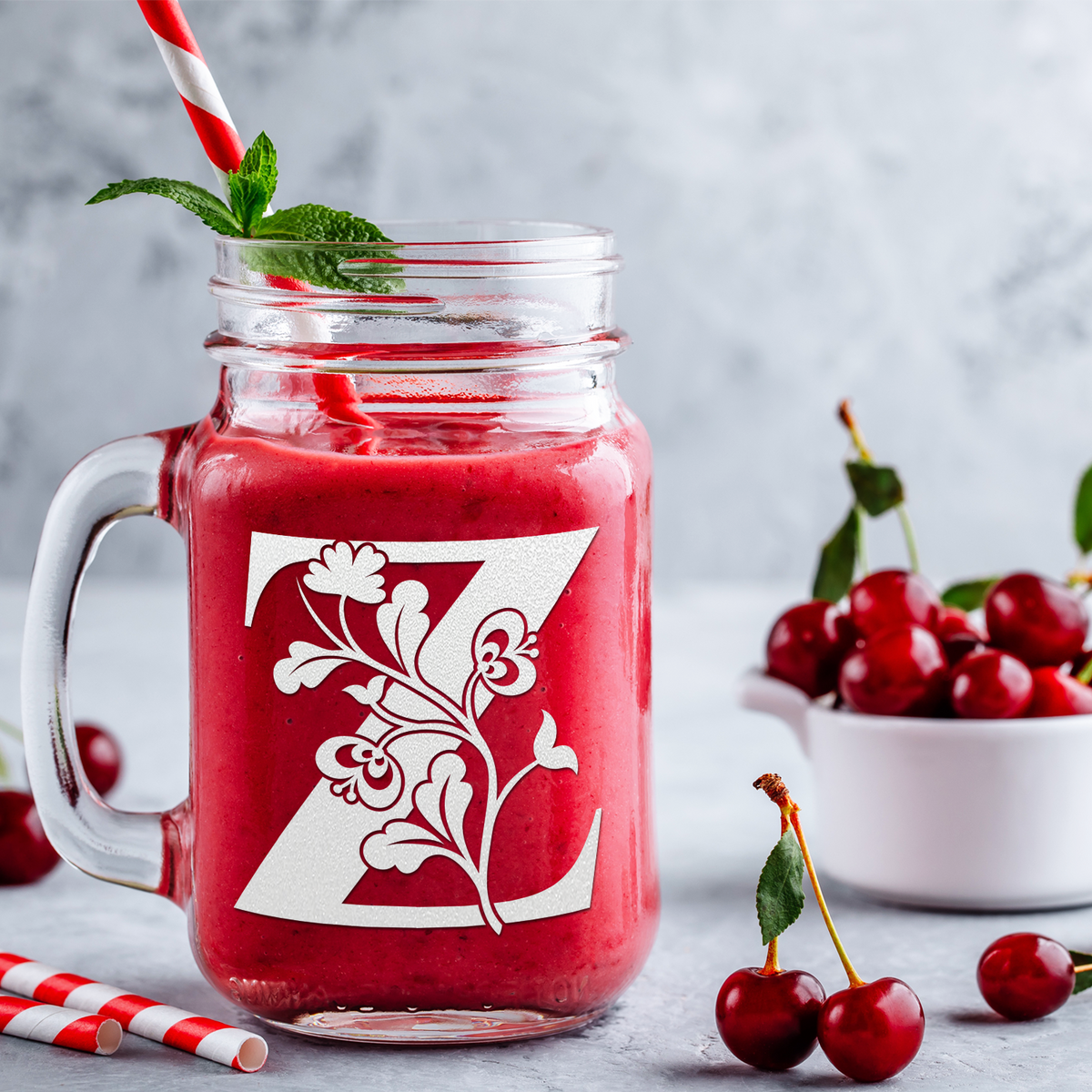  Monogram Blooming Floral Initial Letter Z Etched on 16 oz Mason Jar Glass