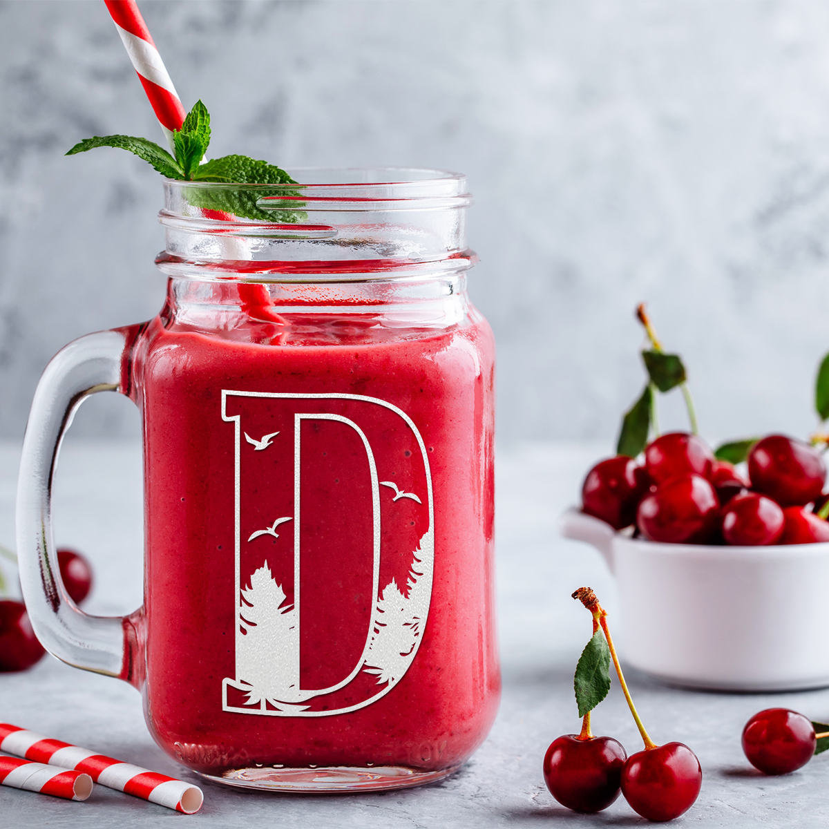  Monogram Forest Initial Letter D Etched on 16 oz Mason Jar Glass