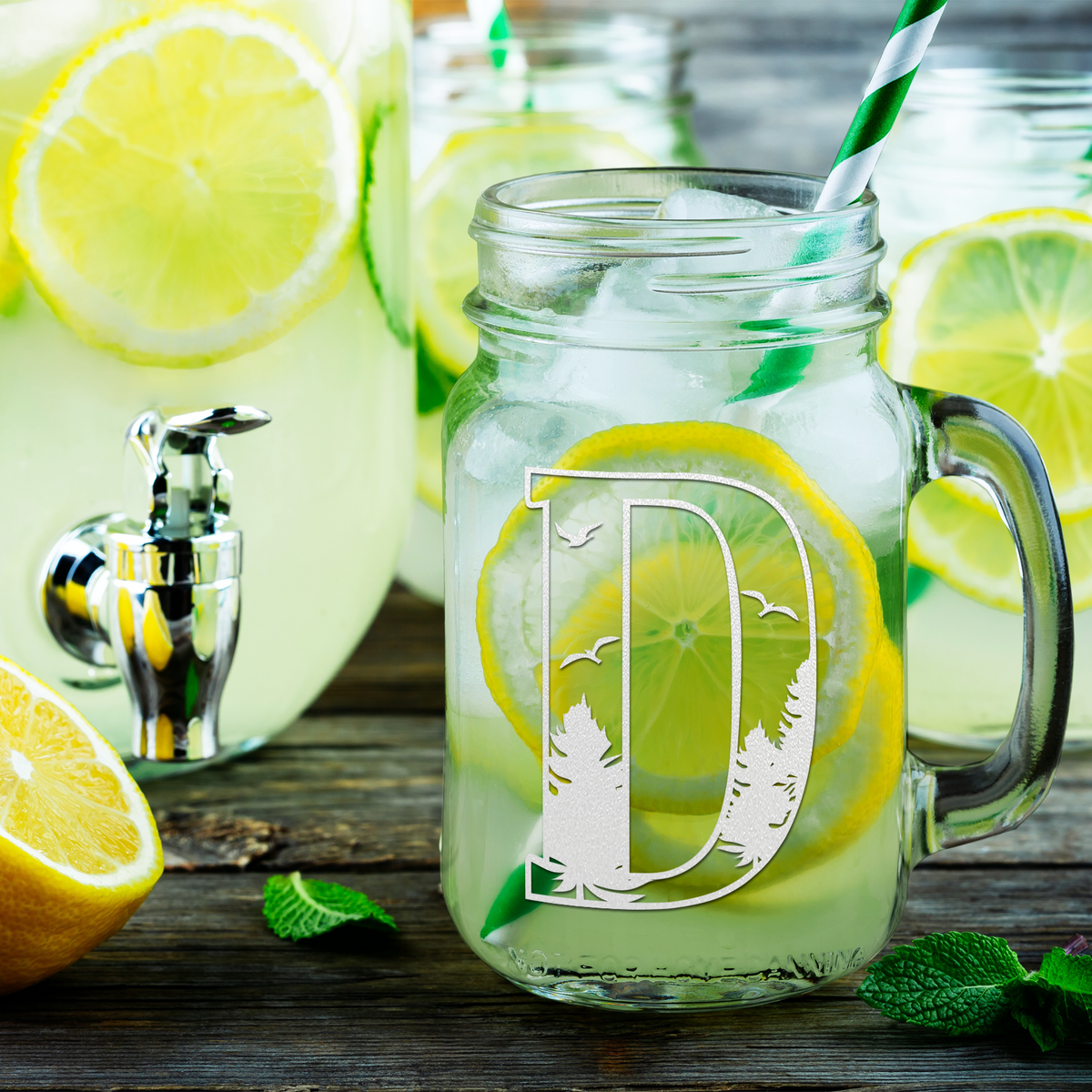  Monogram Forest Initial Letter D Etched on 16 oz Mason Jar Glass