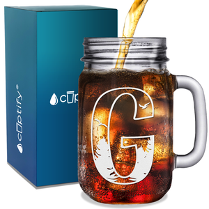  Monogram Forest Initial Letter G Etched on 16 oz Mason Jar Glass