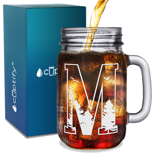  Monogram Forest Initial Letter M Etched on 16 oz Mason Jar Glass