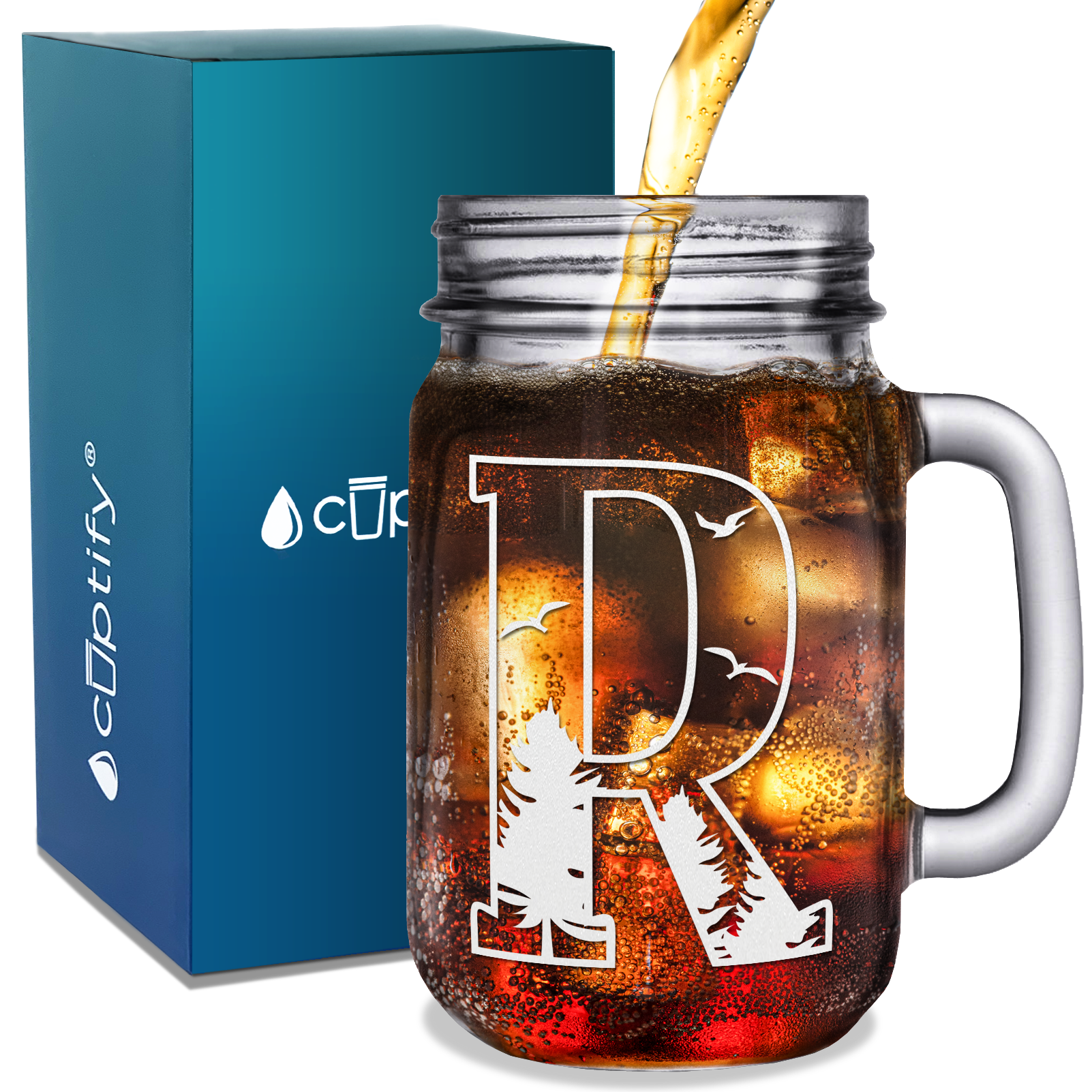 Monogram Forest Initial Letter R Etched on 16 oz Mason Jar Glass