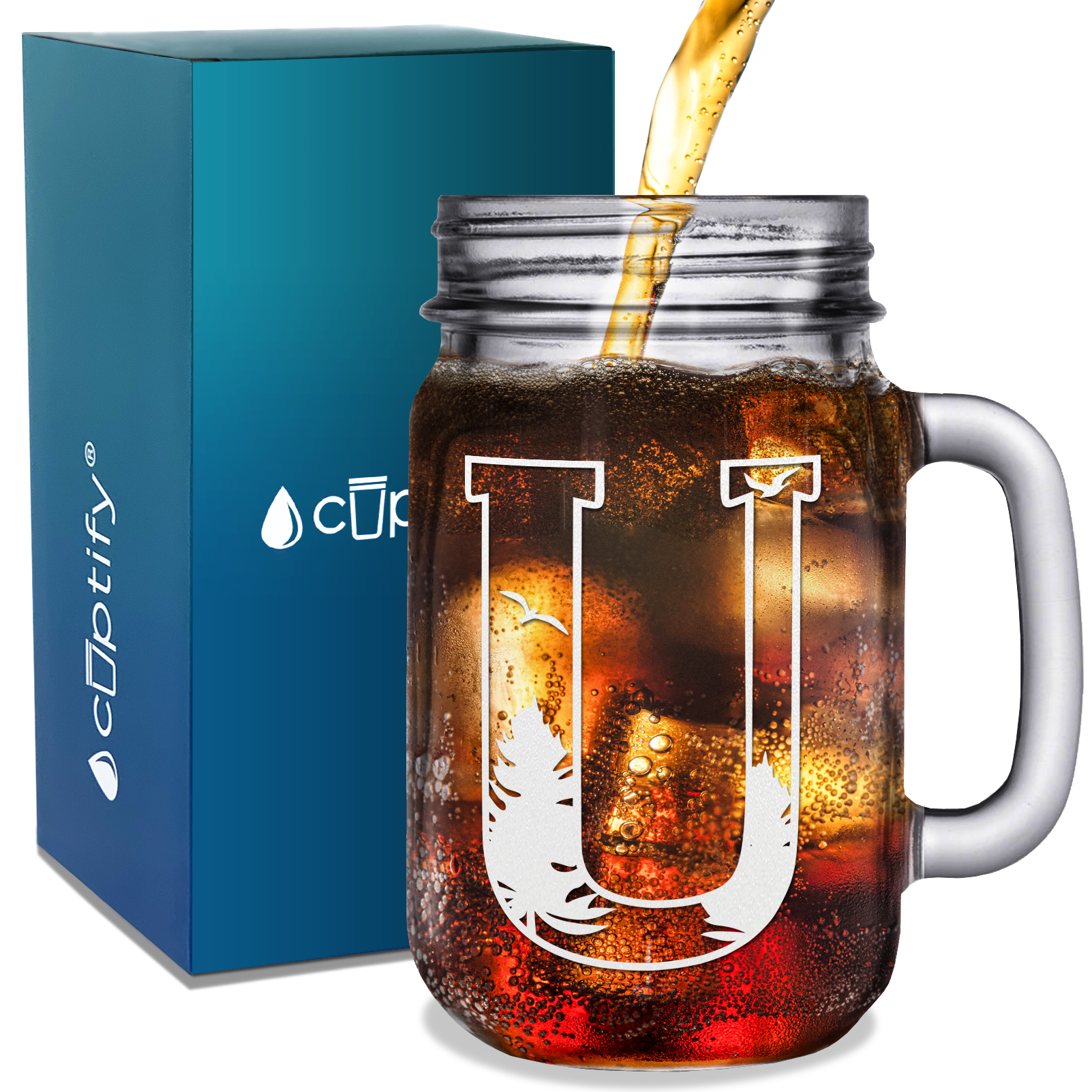  Monogram Forest Initial Letter U Etched on 16 oz Mason Jar Glass