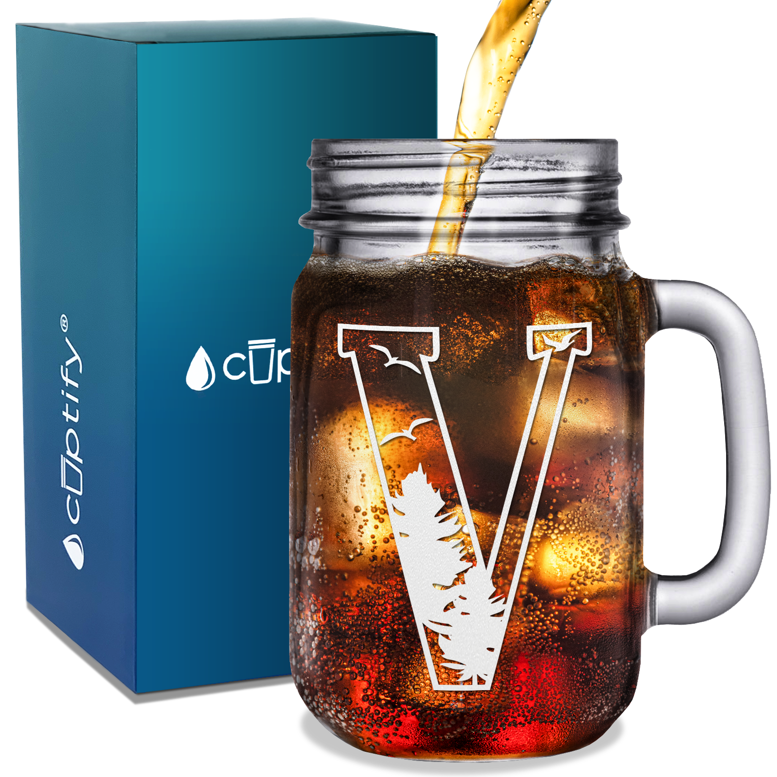  Monogram Forest Initial Letter V Etched on 16 oz Mason Jar Glass