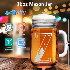  Monogram Forest Initial Letter Z Etched on 16 oz Mason Jar Glass