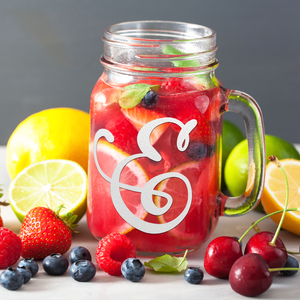  Monogram Curly Initial Letter E Etched on 16 oz Mason Jar Glass