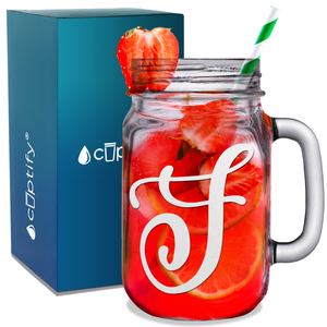  Monogram Curly Initial Letter F Etched on 16 oz Mason Jar Glass