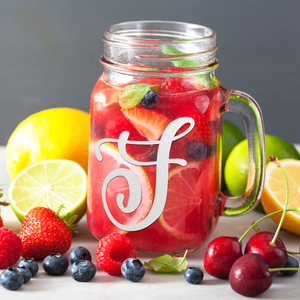  Monogram Curly Initial Letter F Etched on 16 oz Mason Jar Glass