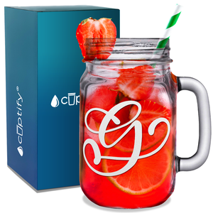  Monogram Curly Initial Letter G Etched on 16 oz Mason Jar Glass