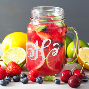  Monogram Curly Initial Letter H Etched on 16 oz Mason Jar Glass