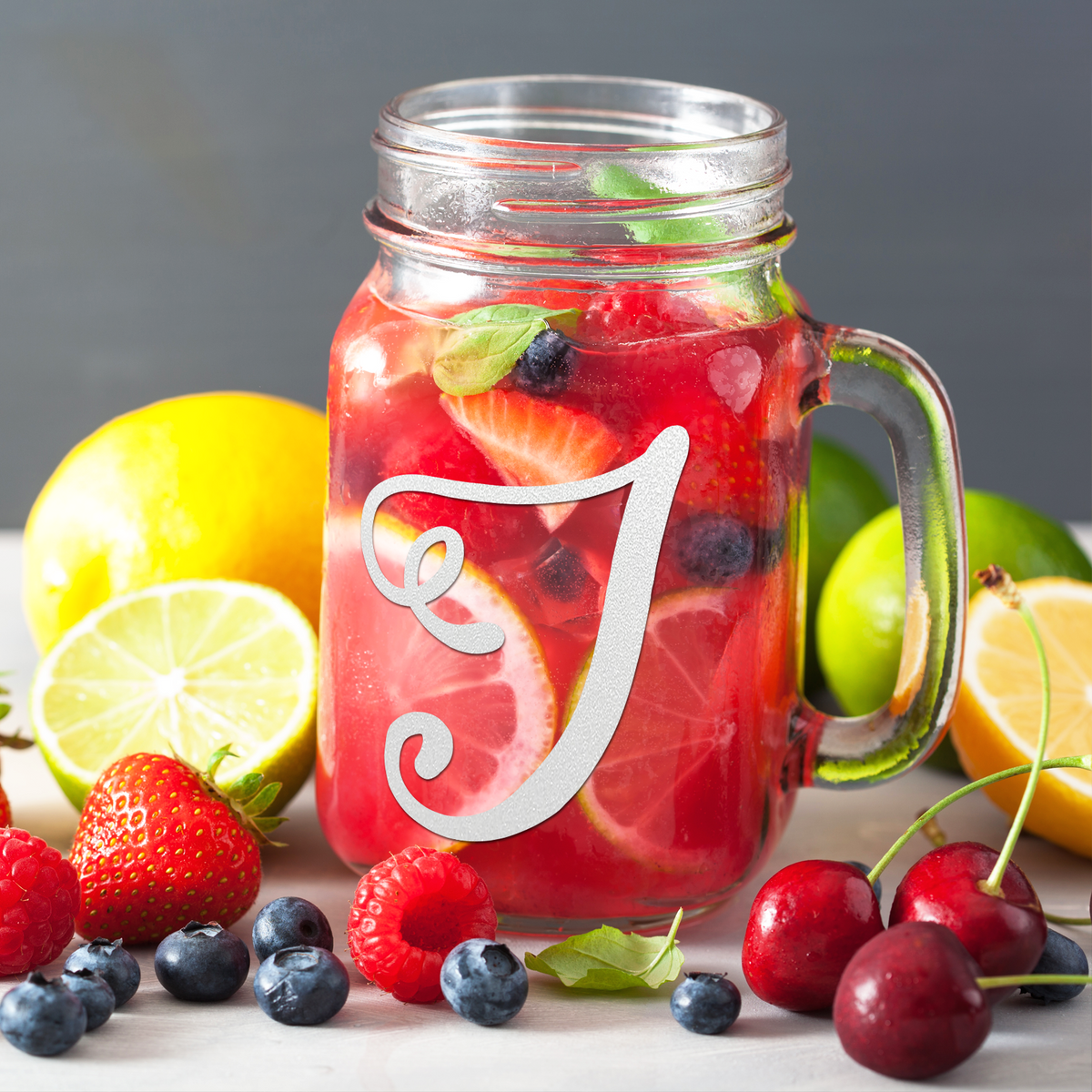 Monogram Curly Initial Letter I Etched on 16 oz Mason Jar Glass
