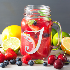  Monogram Curly Initial Letter I Etched on 16 oz Mason Jar Glass