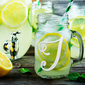  Monogram Curly Initial Letter I Etched on 16 oz Mason Jar Glass