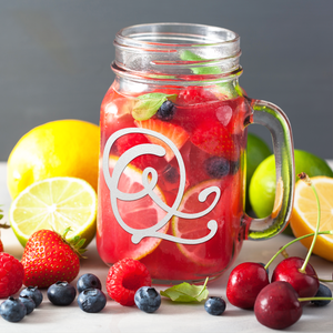  Monogram Curly Initial Letter Q Etched on 16 oz Mason Jar Glass