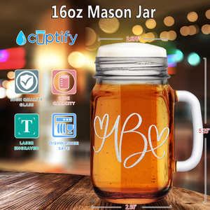  Monogram Hearts Initial Letter B Etched on 16 oz Mason Jar Glass