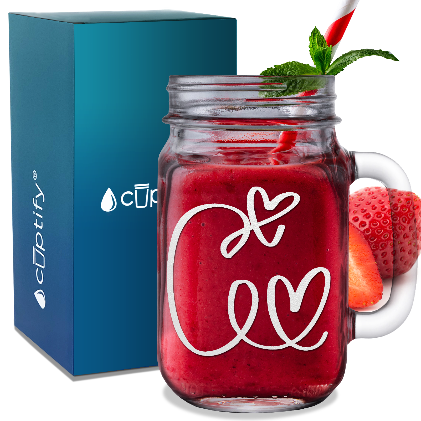  Monogram Hearts Initial Letter C Etched on 16 oz Mason Jar Glass